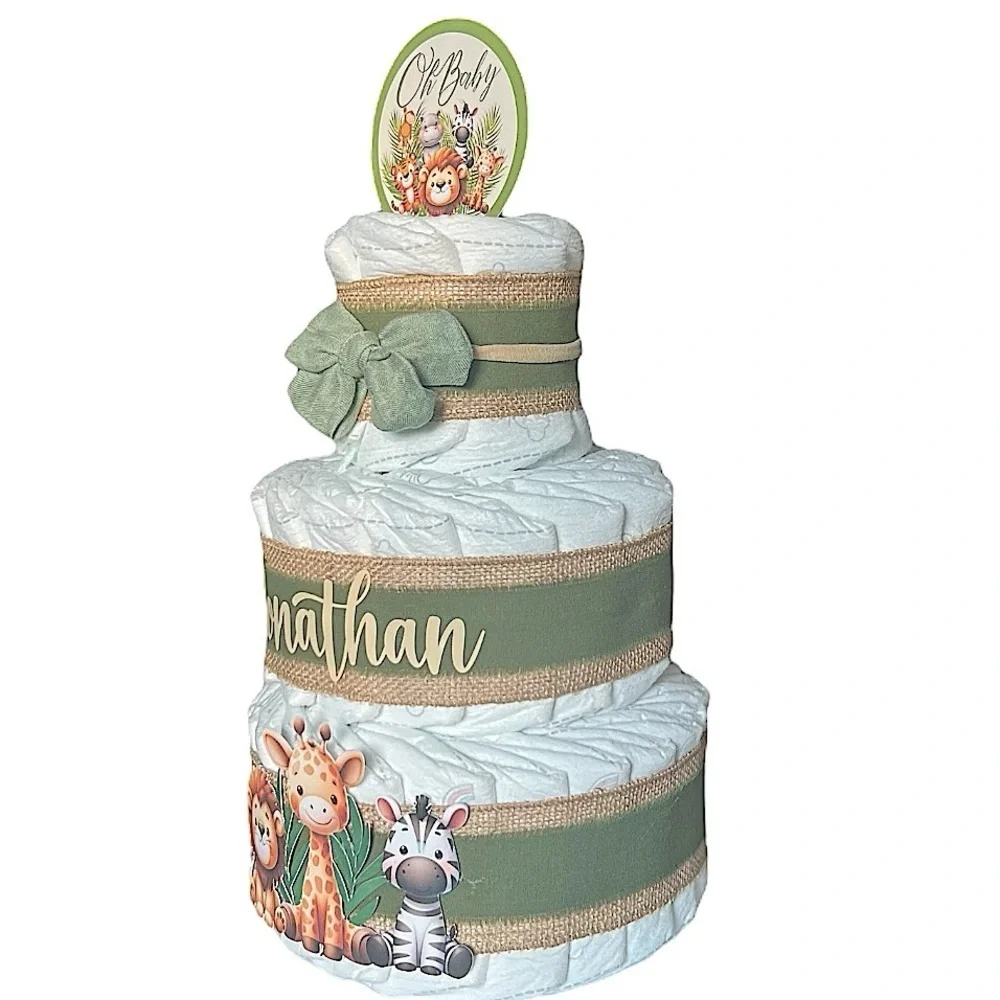 🦁 Personalized Safari Diaper Cake - 3 Tier | Baby Shower Centerpiece 🎁